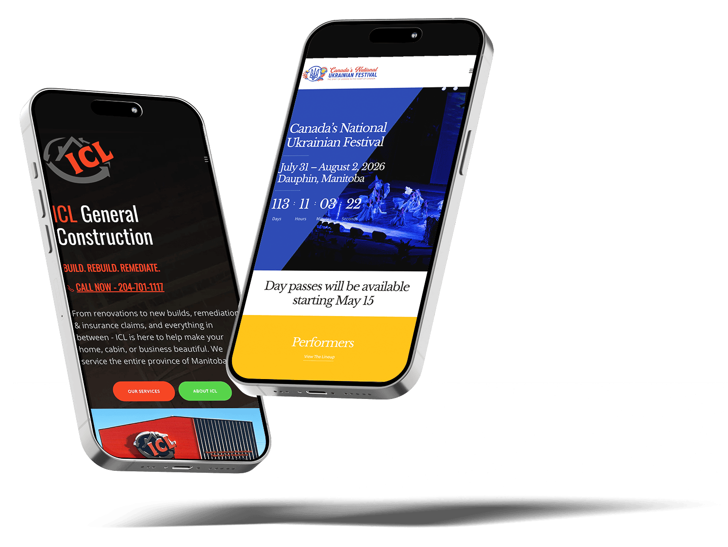 Pair of smartphones open to ICL Construction and CNUF bold websites