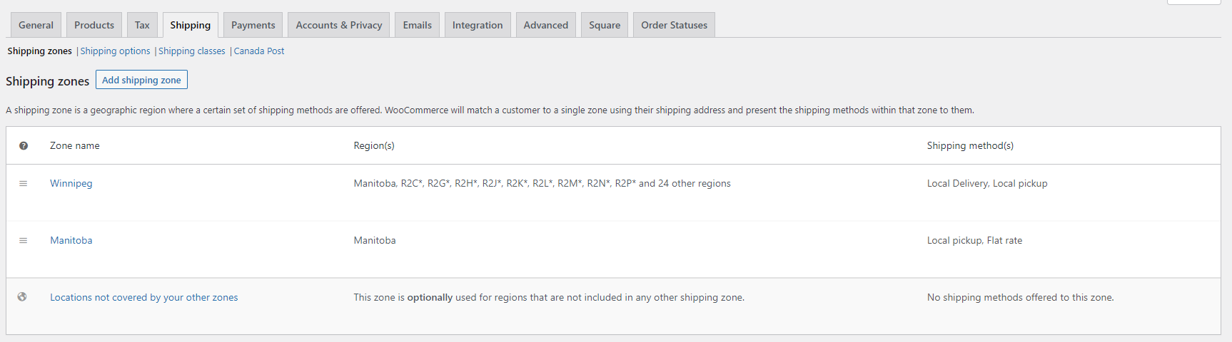 Shipping WooCommerce Settings